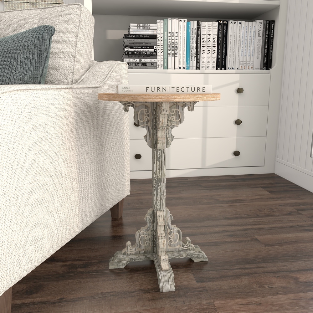 Wood Intricately Carved Scroll Accent Table with Brown Wood Top