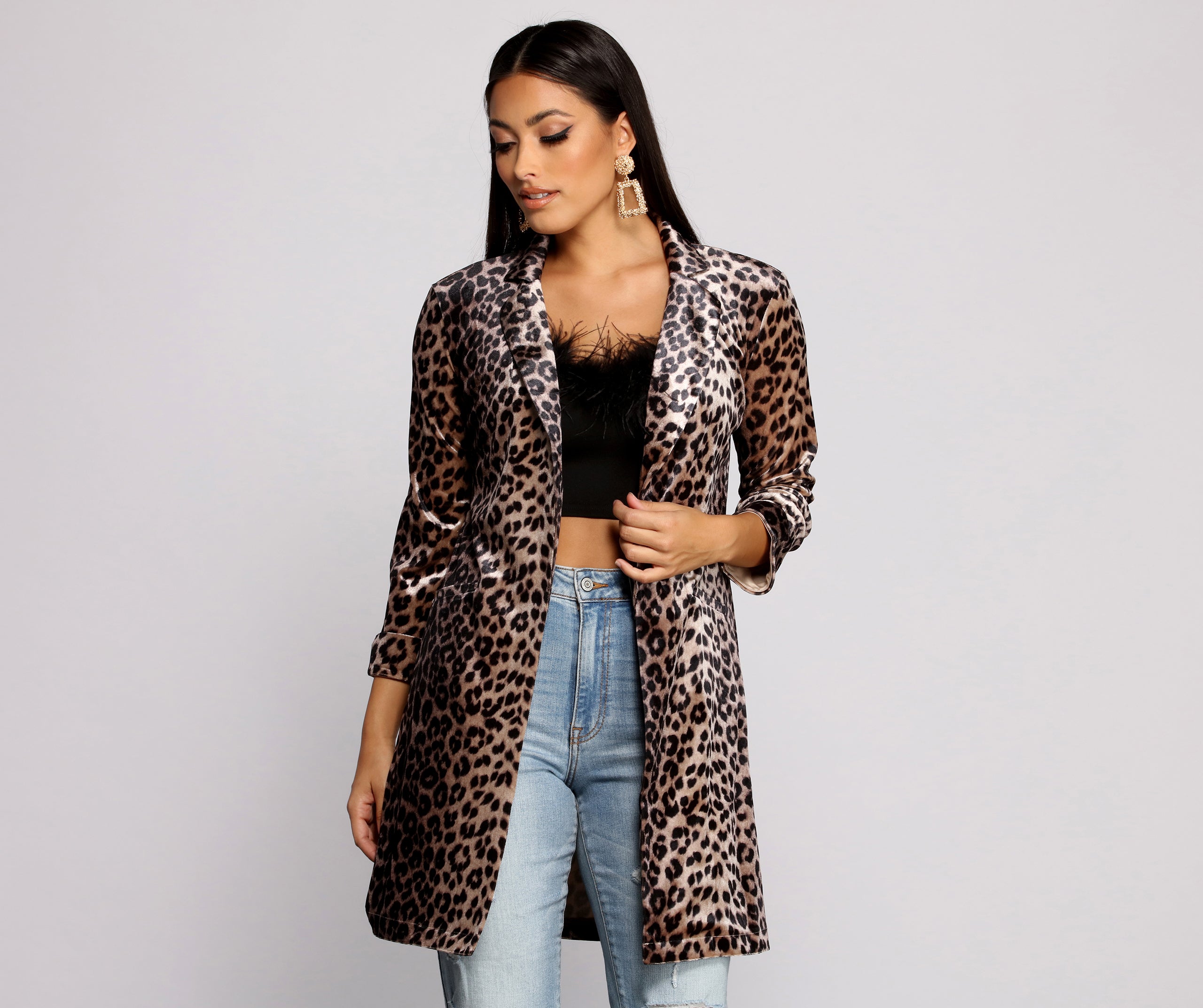 Velvet Leopard Print Long Line Blazer