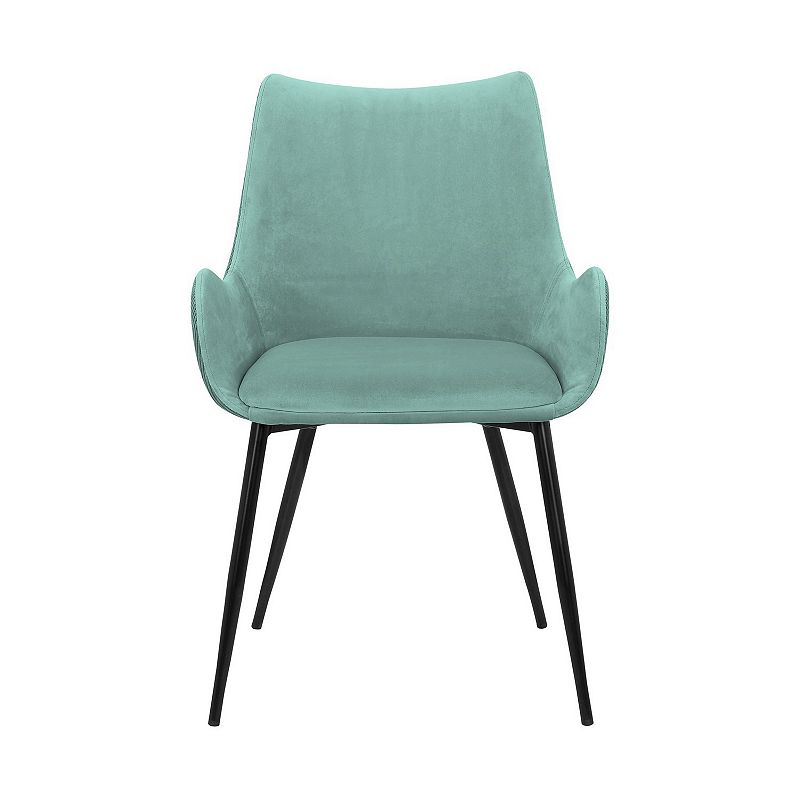 22 Inch Fabric Upholstered Dining Side Chair， Sloped Arms， Metal Legs， Teal Blue