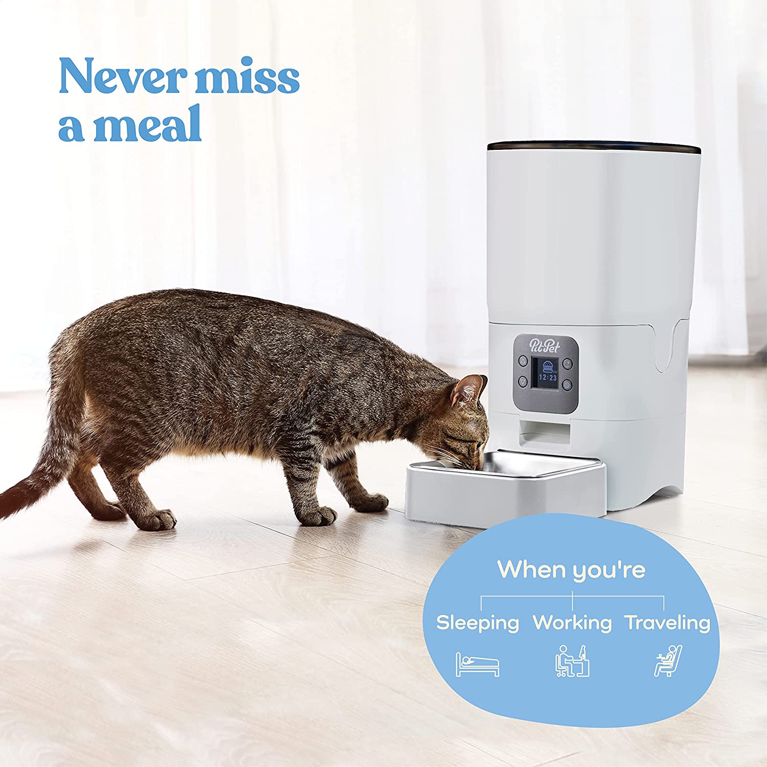 Smart Automatic Cat Feeder - 6-L Reliable Cat Food Dispenser with Display LCD Screen for Easy Set Up - Portion Control Automatic Dog Feeder with Desiccant Bag Keeps Dry Food Fresh - 10s Voice Recorder