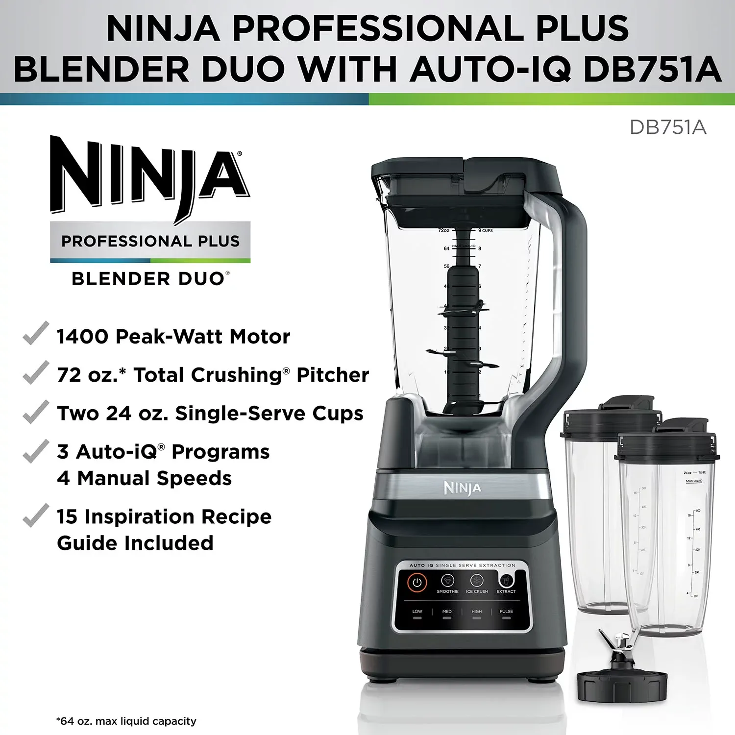 Ninja BN701 Professional Plus Blender， 1400 Peak Watts， 3 Functions for Smoothies， Frozen Drinks and Ice Cream with Auto IQ， 72-oz.* Total Crushing Pitcher and Lid， Dark Grey