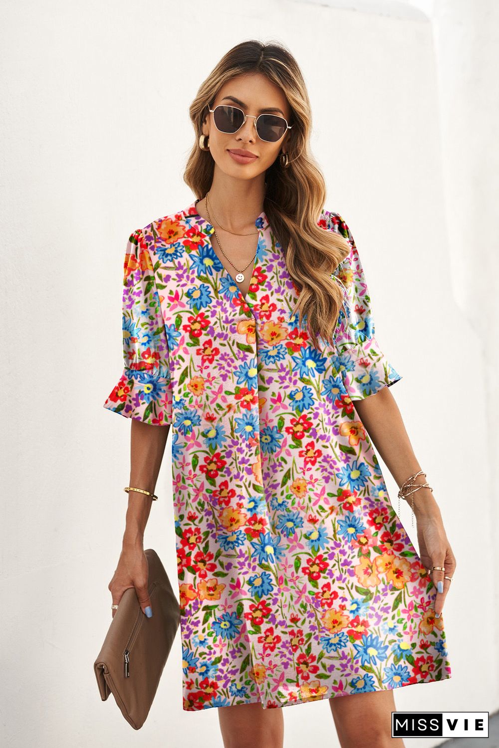 Boho Floral Printed Flutter Sleeve Dress