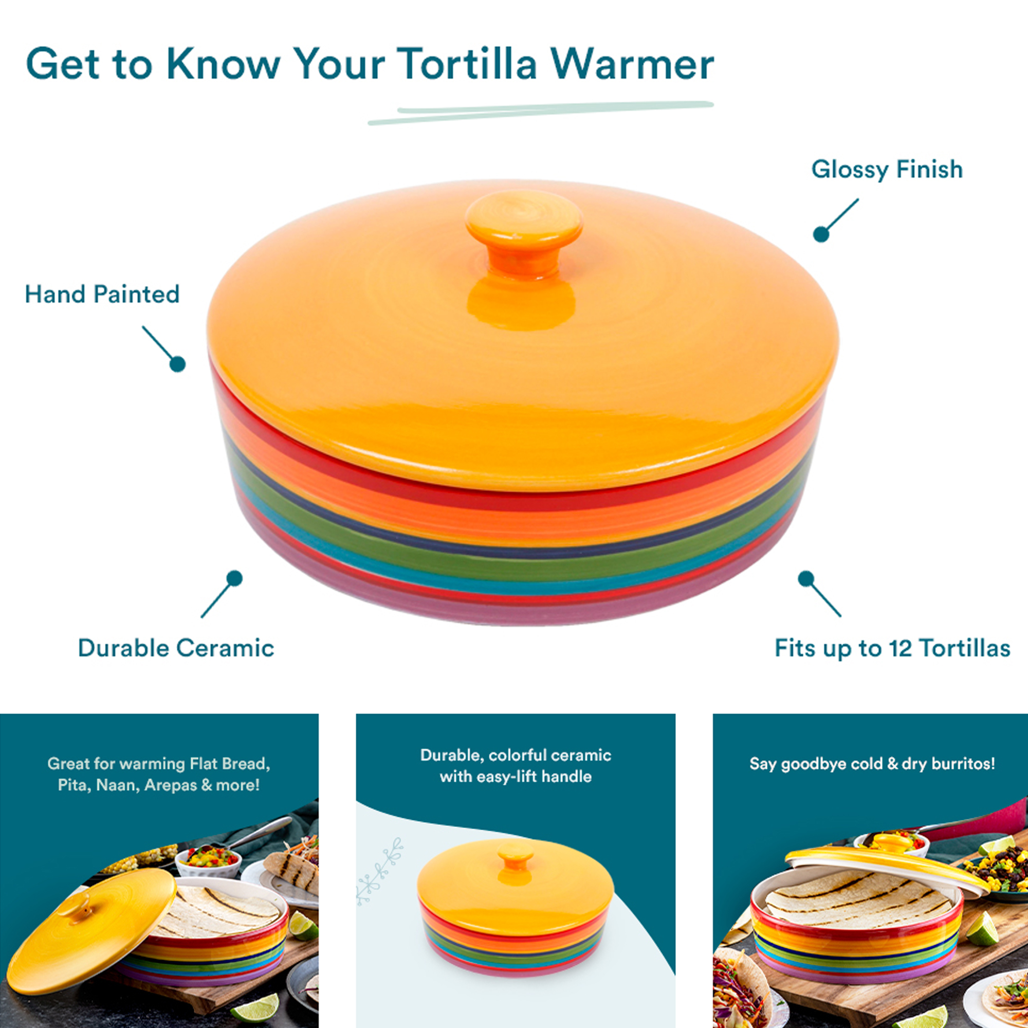 Kook Ceramic Tortilla Warmer Container Microwave Cookware for Taco Shells， Roti