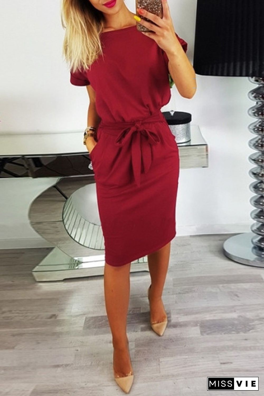 Fashion Elegant Solid Frenulum Fold O Neck Wrapped Skirt Dresses