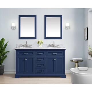 Home Decorators Collection Windlowe 61 in. W x 22 in. D x 35 in. H Freestanding Bath Vanity in Navy Blue with Carrara White Marble Marble Top 15101-VS61C-NB