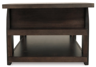 Signature Design by Ashley Vailbry Rustic Rectangular Lift Top Coffee Table with 2 Side Storage Compartments and Open Lower Shelf, Brown with Distressed Finish