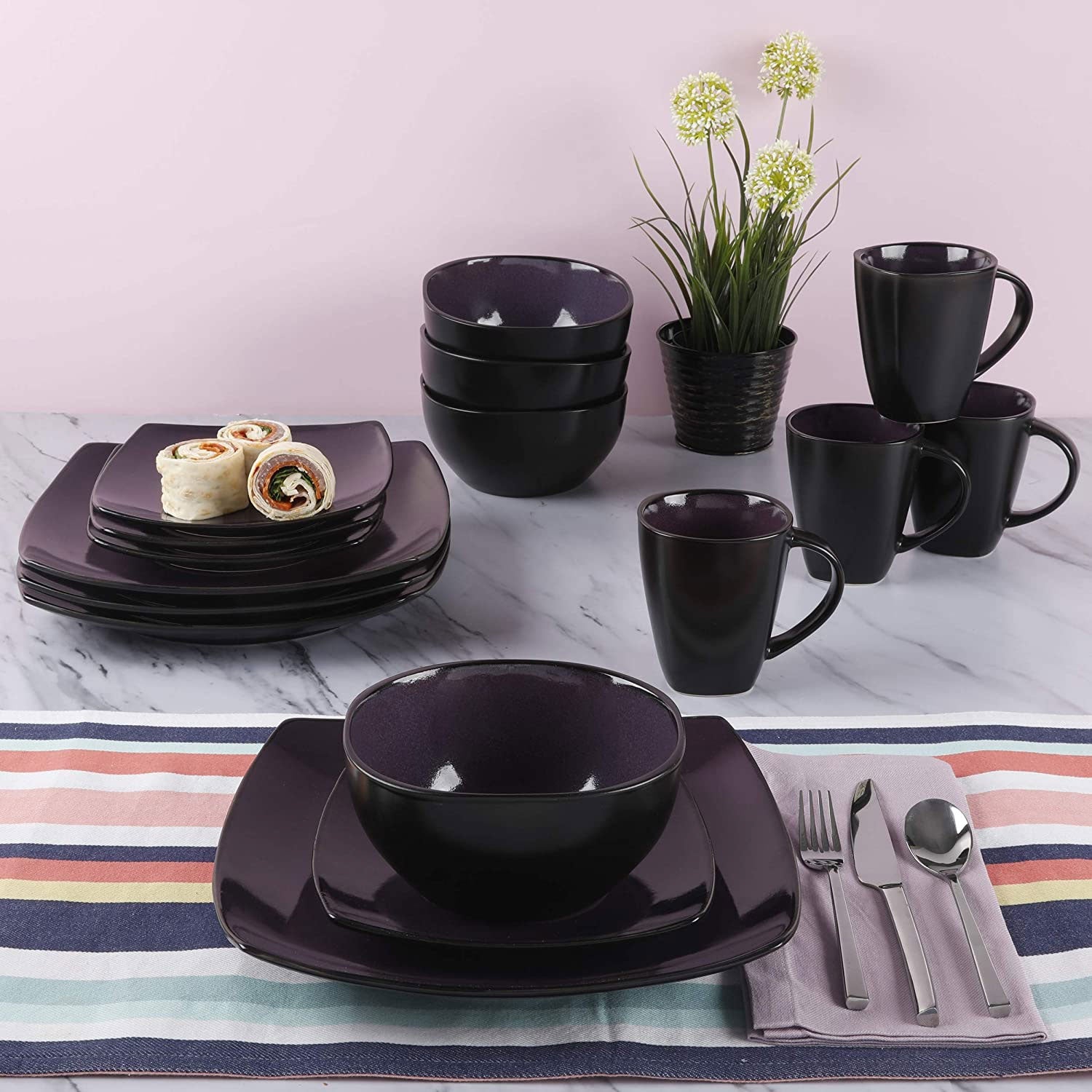 Gibson Elite Soho Lounge 16 Piece Plates, Bowls, & Mug Set, Purple (Open Box)