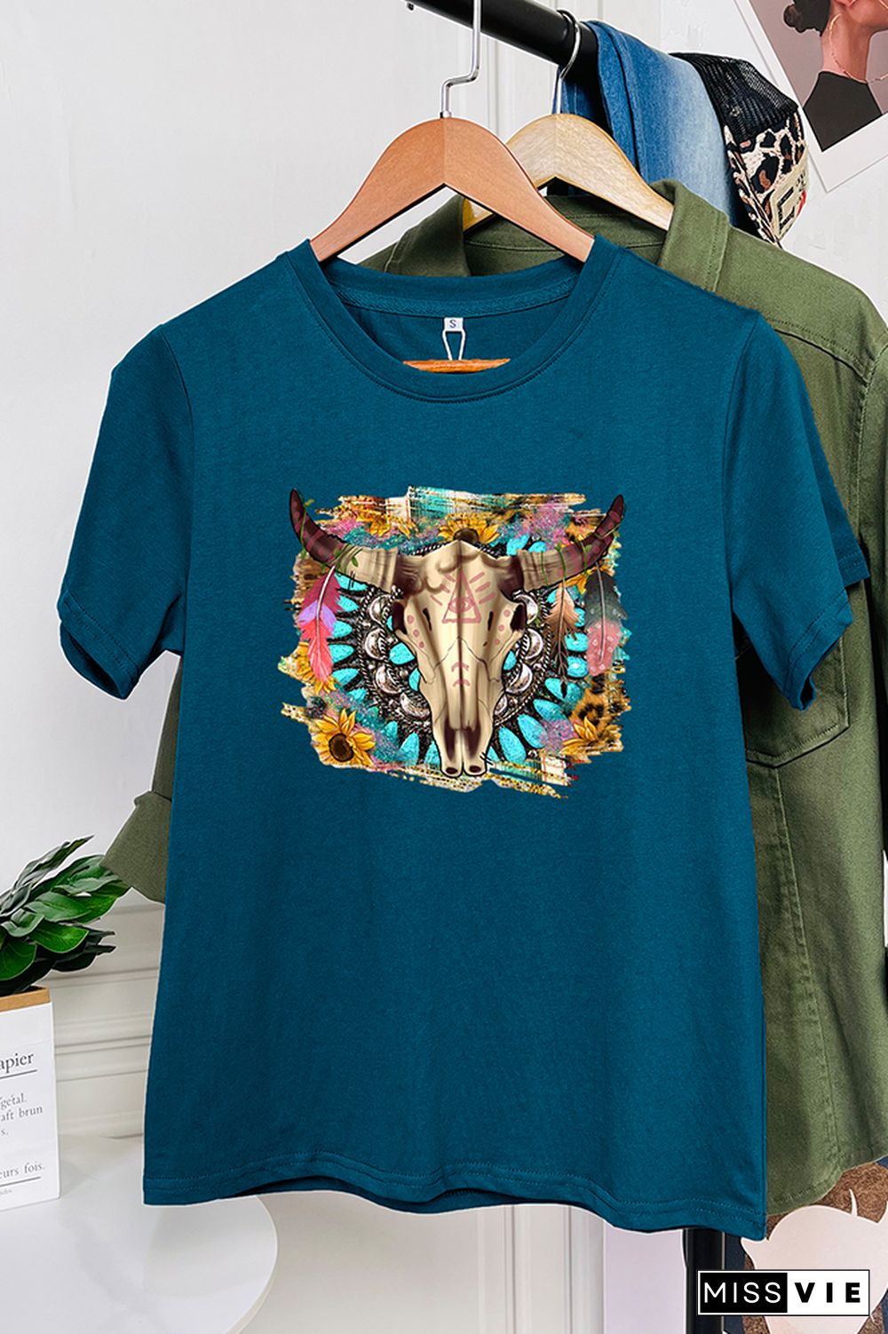 Western Boho Skull Pngturquoise And Leopard Short Sleeve Graphic Tee Wholesale