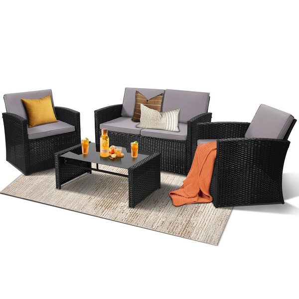 4 Pieces Patio Conversation Set，Outside Rattan Sectional Sofa，Cushion Furniture Set，Wicker Sofa for Garden，Rattan and Cushion