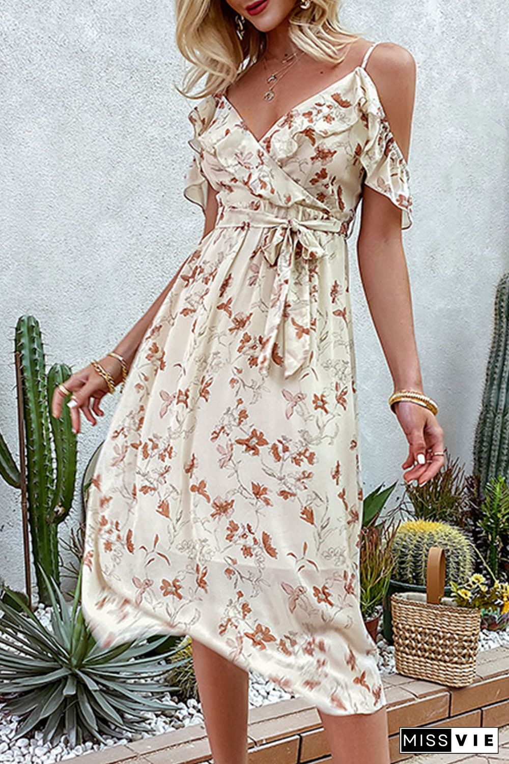 Fashion Bohemian Print Split Joint V Neck A Line Dresses