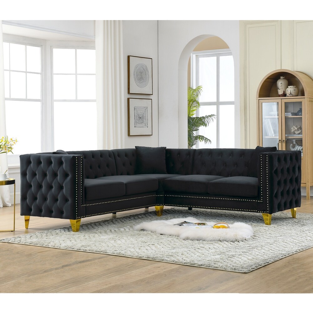 Classic Chesterfield Couch Set L shape Velvet Sectional Sofa Set with Removable Cushions and Nailhead Arms for Living Room