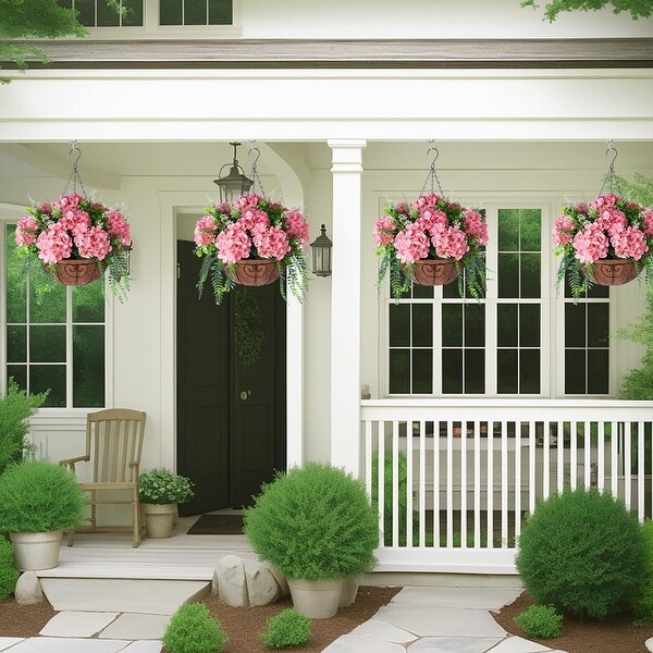 Artificial Flowers in Hanging Basket Planter for Home Spring Summer Decoration，Silk Hydrangea Outdoor Indoor Arrangements