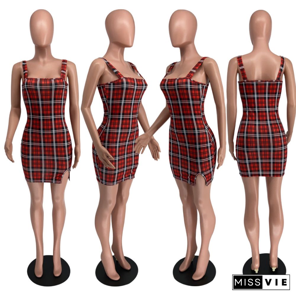 Women Casual Retro Plaid Sexy Sleeveless Square Collar Strap Bodycon Club Party Mini Dresses