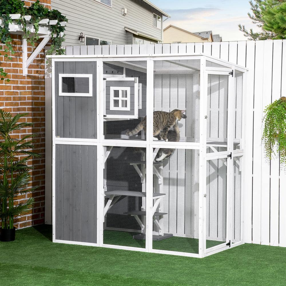 PawHut Walk-in Catio Outdoor Cat Enclosure Large for Multiple Cats of Any Size, 7 Jumping Platforms & Divided Den, Gray D32-016V00CG