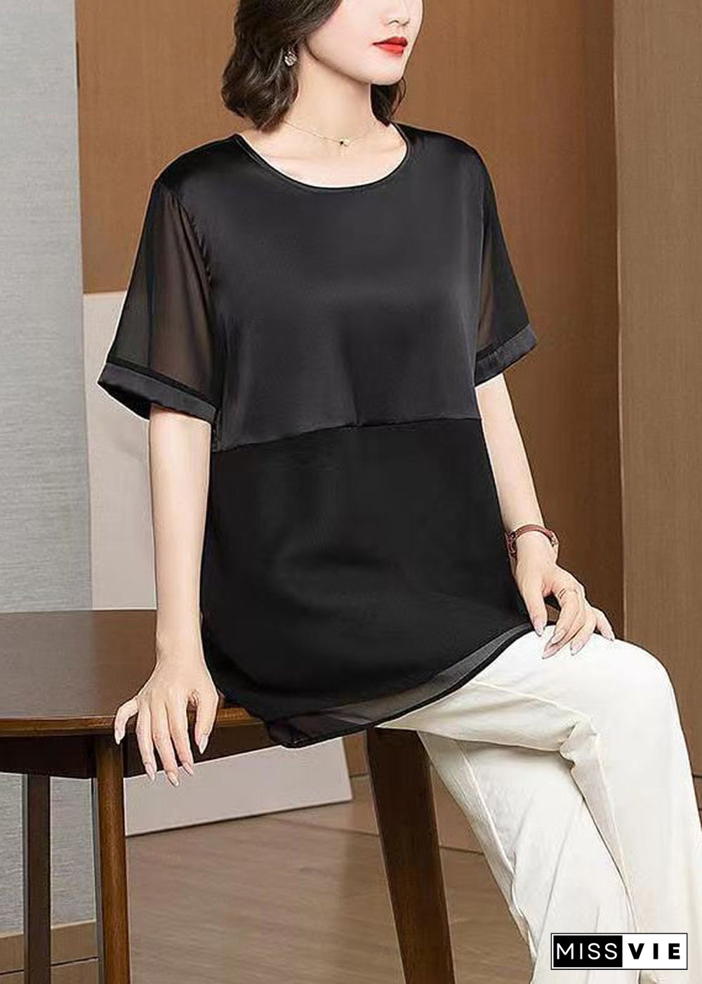 Loose Black O Neck Patchwork Chiffon T Shirt Tops Summer