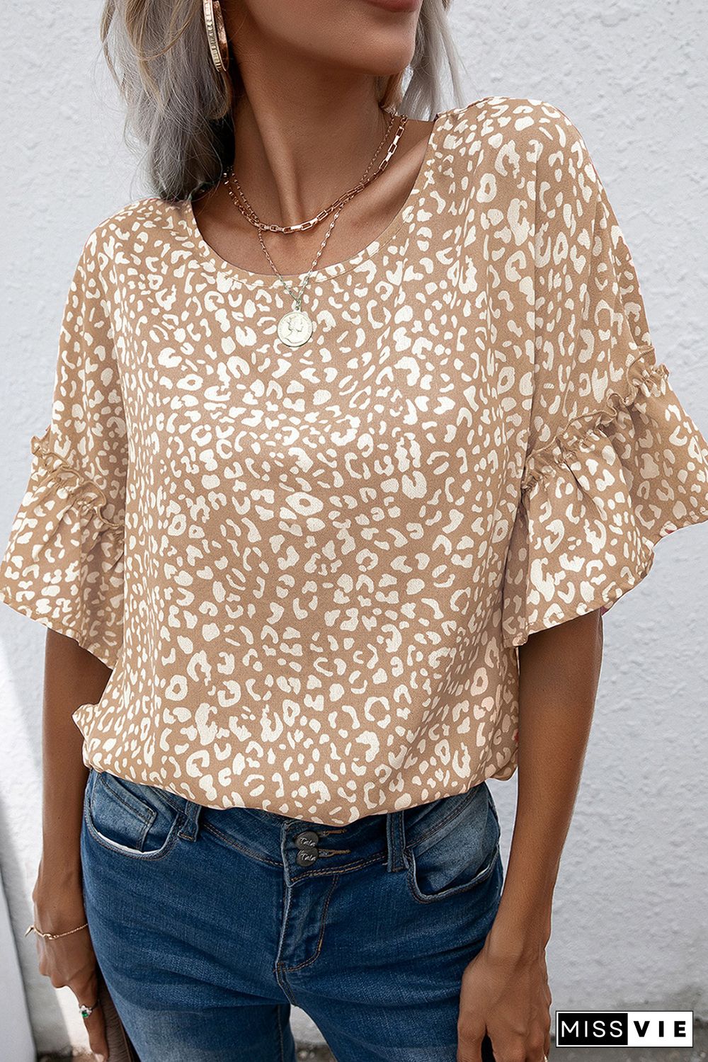 Apricot Leopard Spotted Ruffle Sleeve T-Shirt