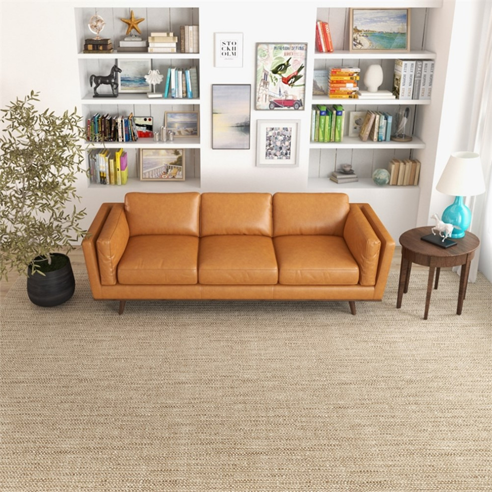 Sienna Mid Century Cushion Back Genuine Leather Upholstered Sofa in Tan   Midcentury   Sofas   by Homesquare  Houzz