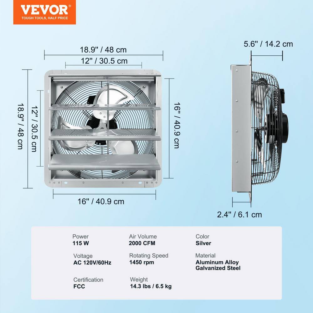 VEVOR 16 in. Shutter Exhaust Fan High-speed 2000 CFM Aluminum Wall Mount Attic Fan Ventilation and Cooling for Greenhouses BYCSPQSDJAC16NRV5V1