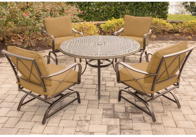 Hanover Summer Nights 5-Piece Outdoor Dining Set In Tan With 4 Steel Rockers and 48 Cast Table