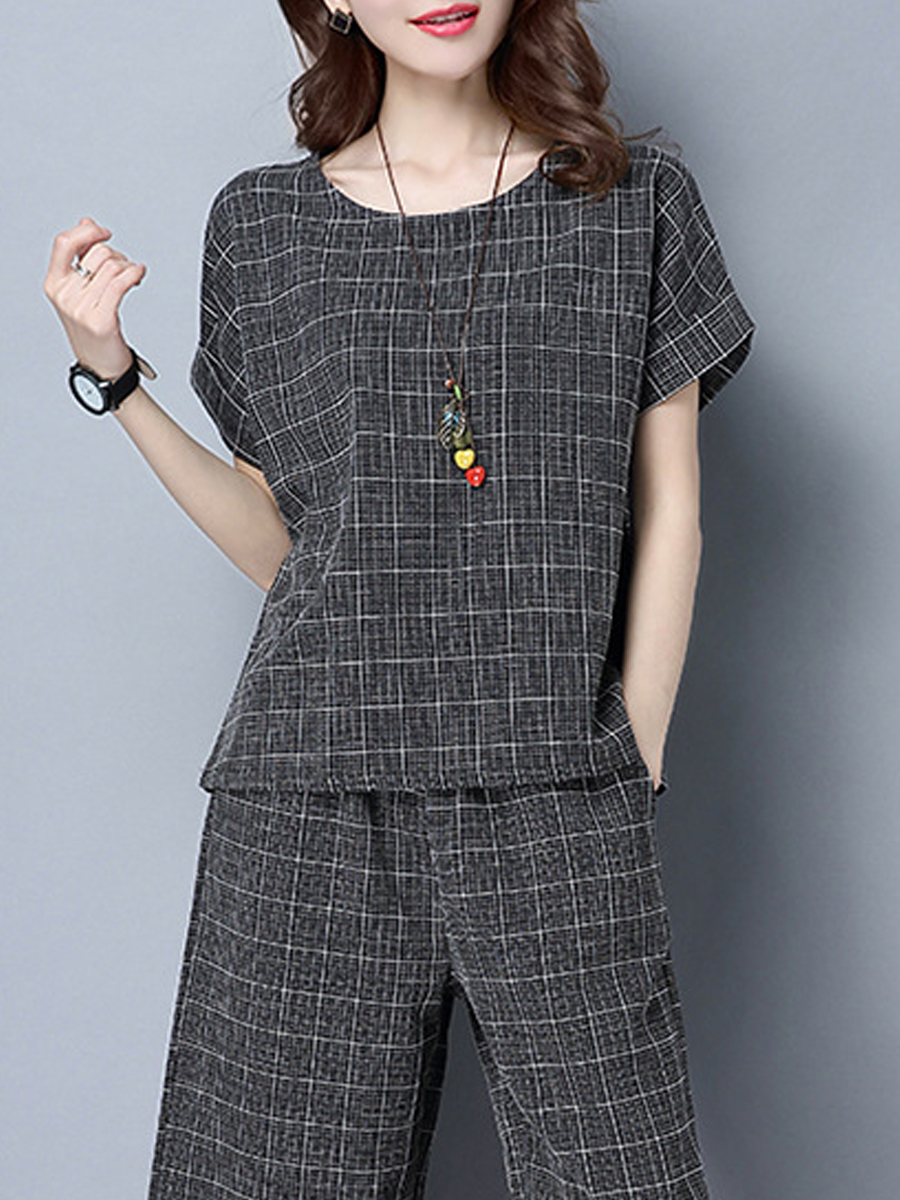 Round Neck  Checkered Blouses And Bottoms Suits