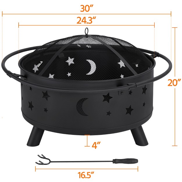 Outdoor Fire Pit Set Heating Warm Equipment Including Poker Mesh Cover With Stars Moons Pattern Black