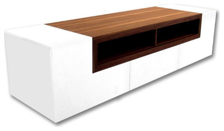 Biagio TV Stand  White High Gloss Lacquer Body With Walnut Accent   Transitional   Entertainment Centers And Tv Stands   by Rustic Home Furniture Deco  Houzz