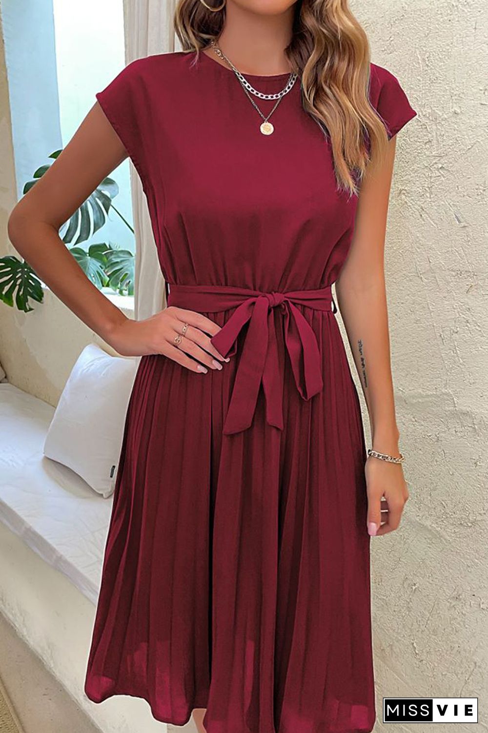 Plain Pleated with Belt Short Sleeves Midi Dress