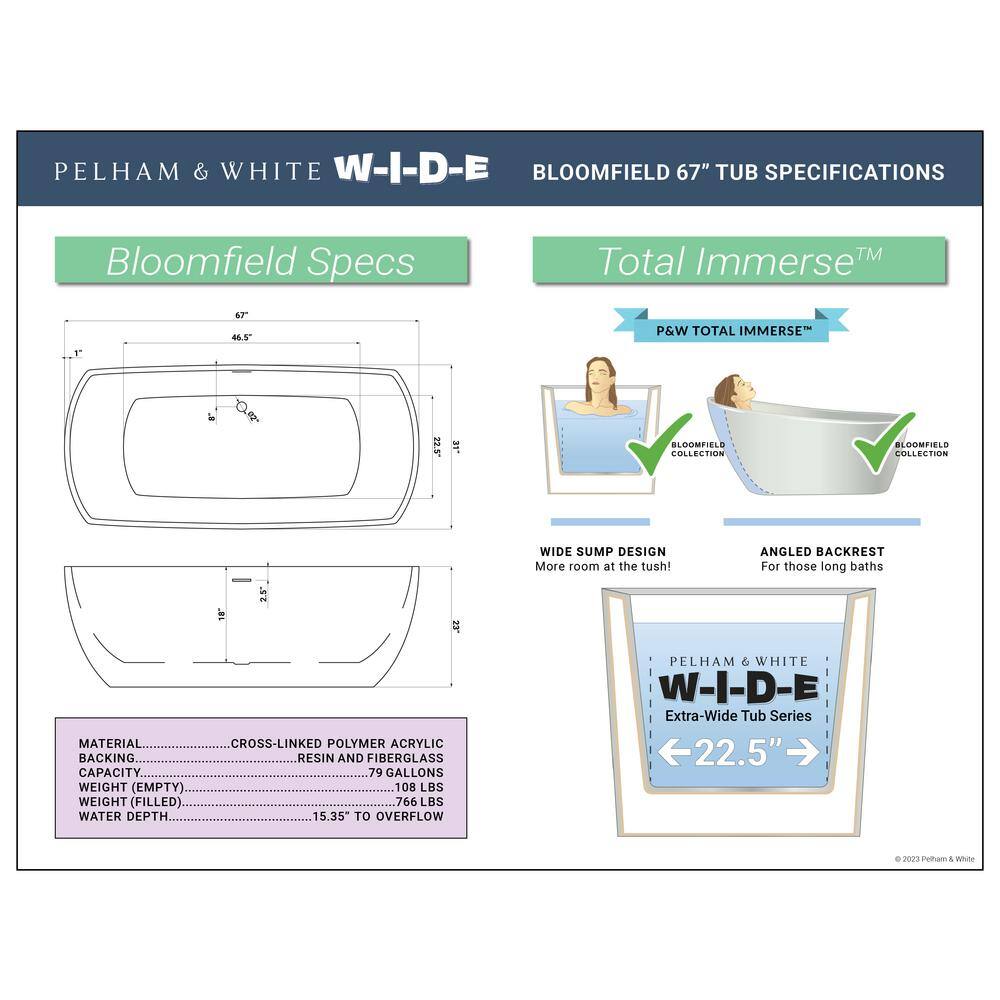 PELHAM  WHITE W-I-D-E Series Bloomfield 67 in. Acrylic Freestanding Tub in White Drain in White PW82083-W