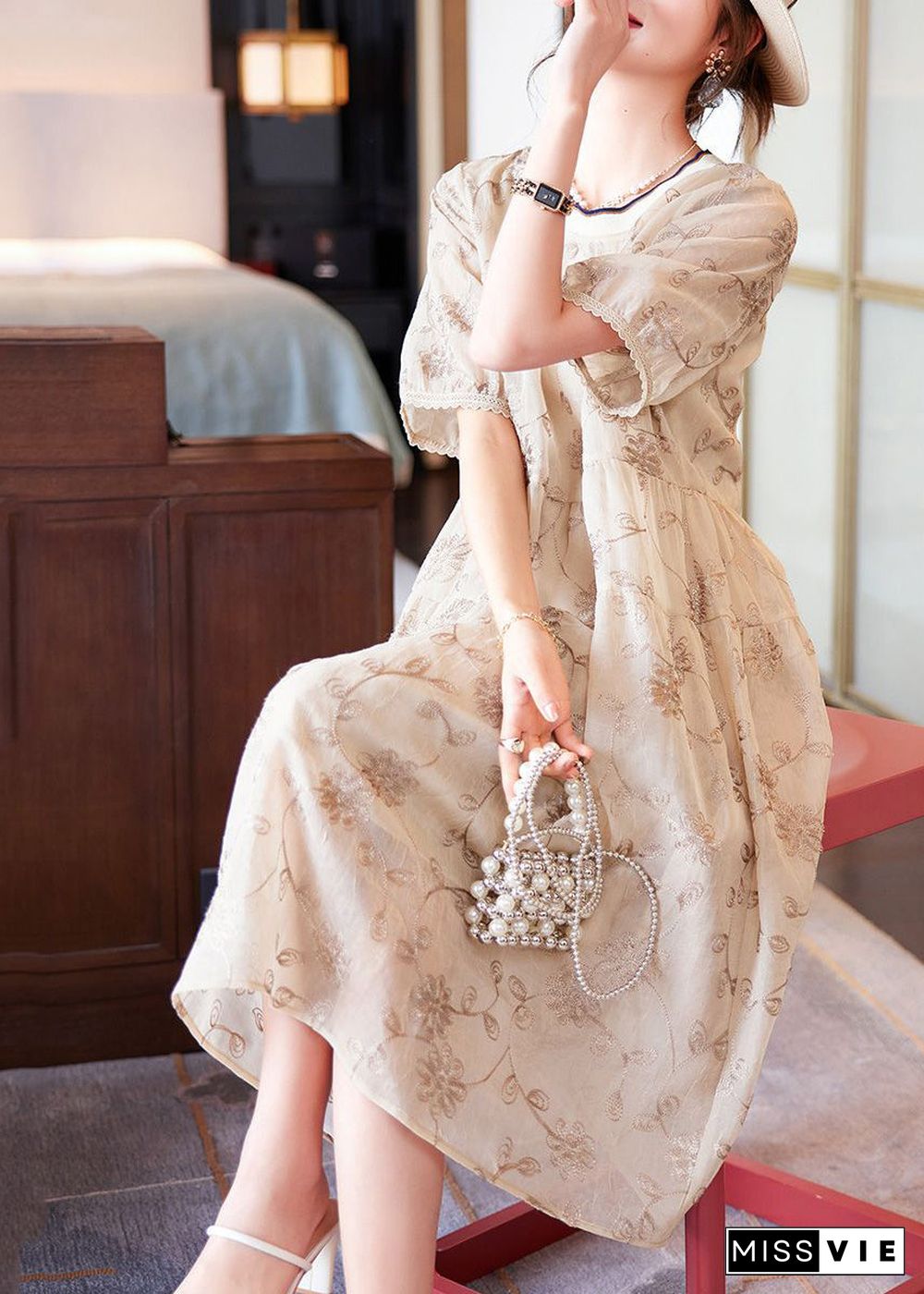 Boutique Beige O-Neck Patchwork Print Chiffon Long Dresses Summer