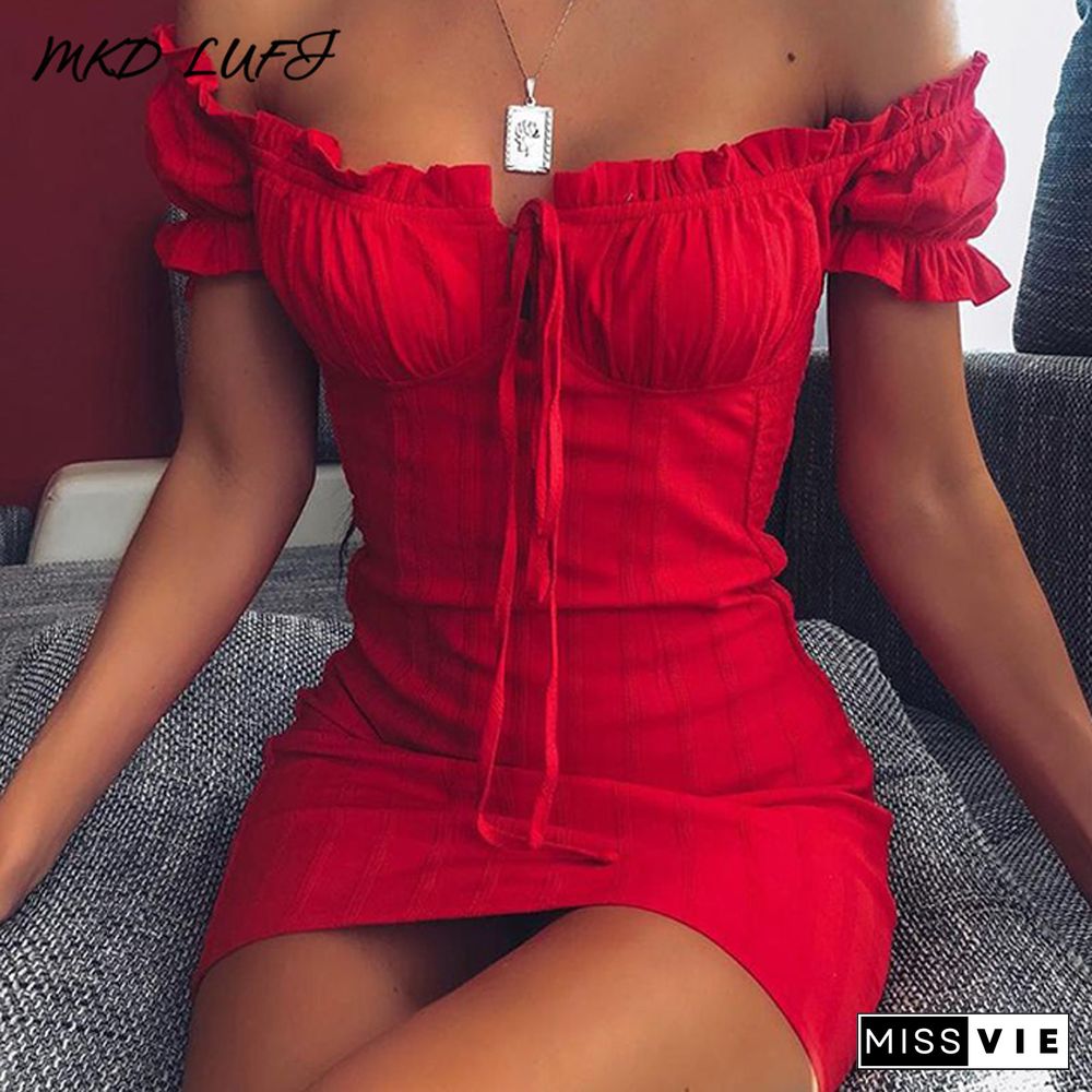 Sexy Off Shoulder Smocked Bodycon Dress Women Strapless Ruffles Mini Red Dresses Short Party Club Dress Vestidos Dropshipping