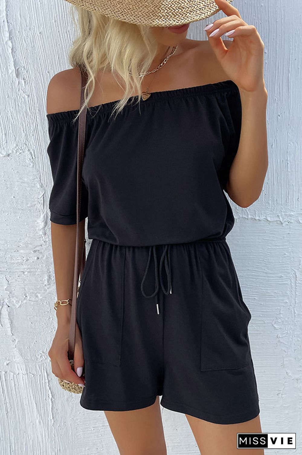 Black Off Shoulder Drawstring Romper