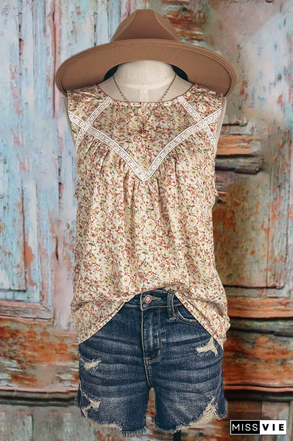 Flower Print Crew Neck Tank Top