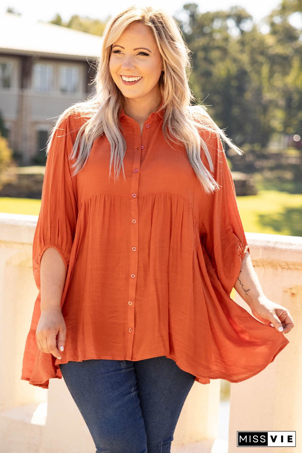 Orange 3/4 Sleeve Plus Size Tunic Top