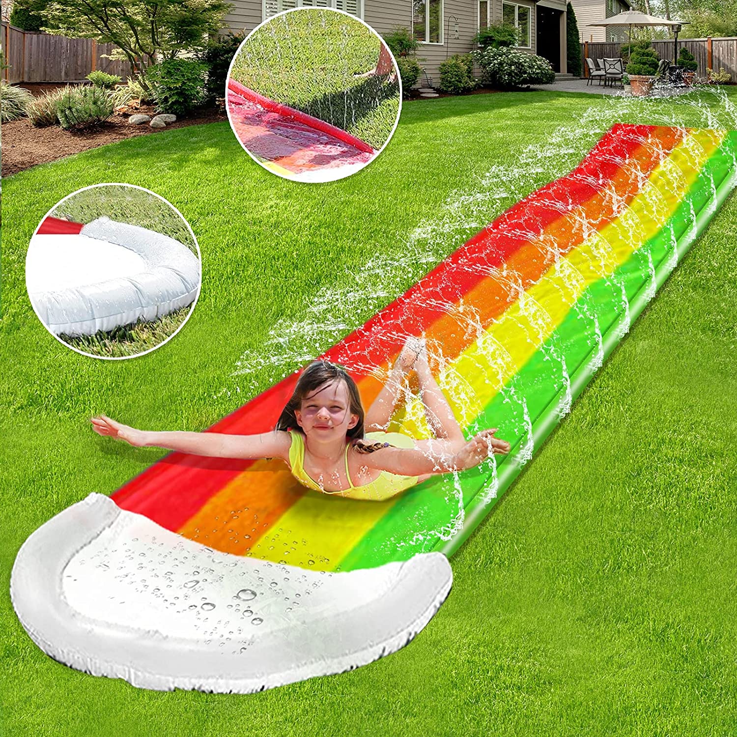 14Ft Lawn Water Slide Rainbow Silp Slide with Spraying and Inflatable Crash Pad for Children Play Center Pool Games Outdoor Pool Party Gifts for Boys Girls Sprinkler Water Toys