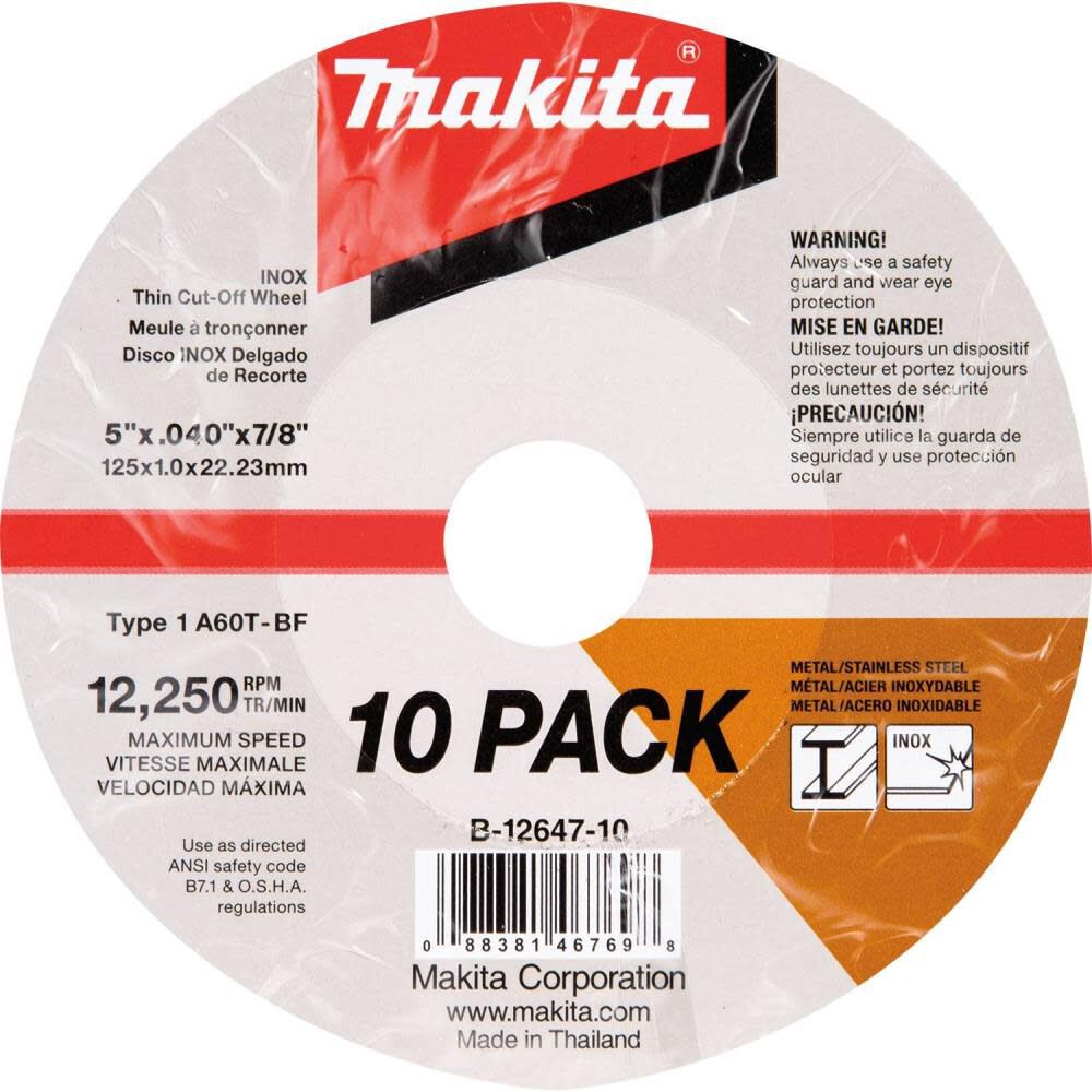 Makita 5 in. x .040 in. x 7/8 in. Thin INOX Cut-Off Wheel (10-Pack) B-12647-10 from Makita