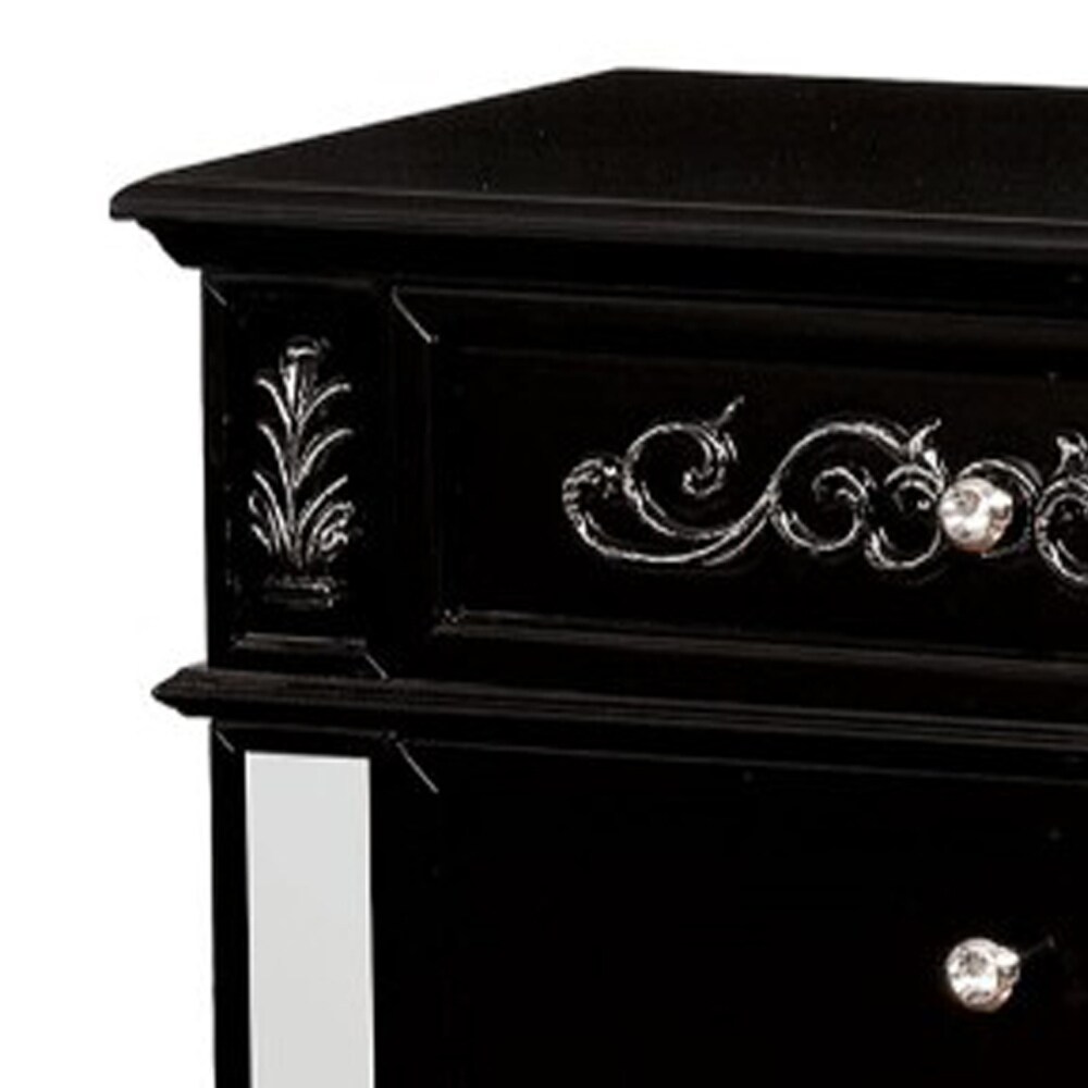 Three Drawer Solid Wood Nightstand with Crystal Knobs and Bun Feet  Black