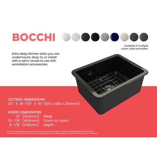 BOCCHI Sotto Black Fireclay 24 in. Single Bowl UndermountDrop-In Kitchen Sink wProtective Bottom Grid and Strainer 1627-005-0120