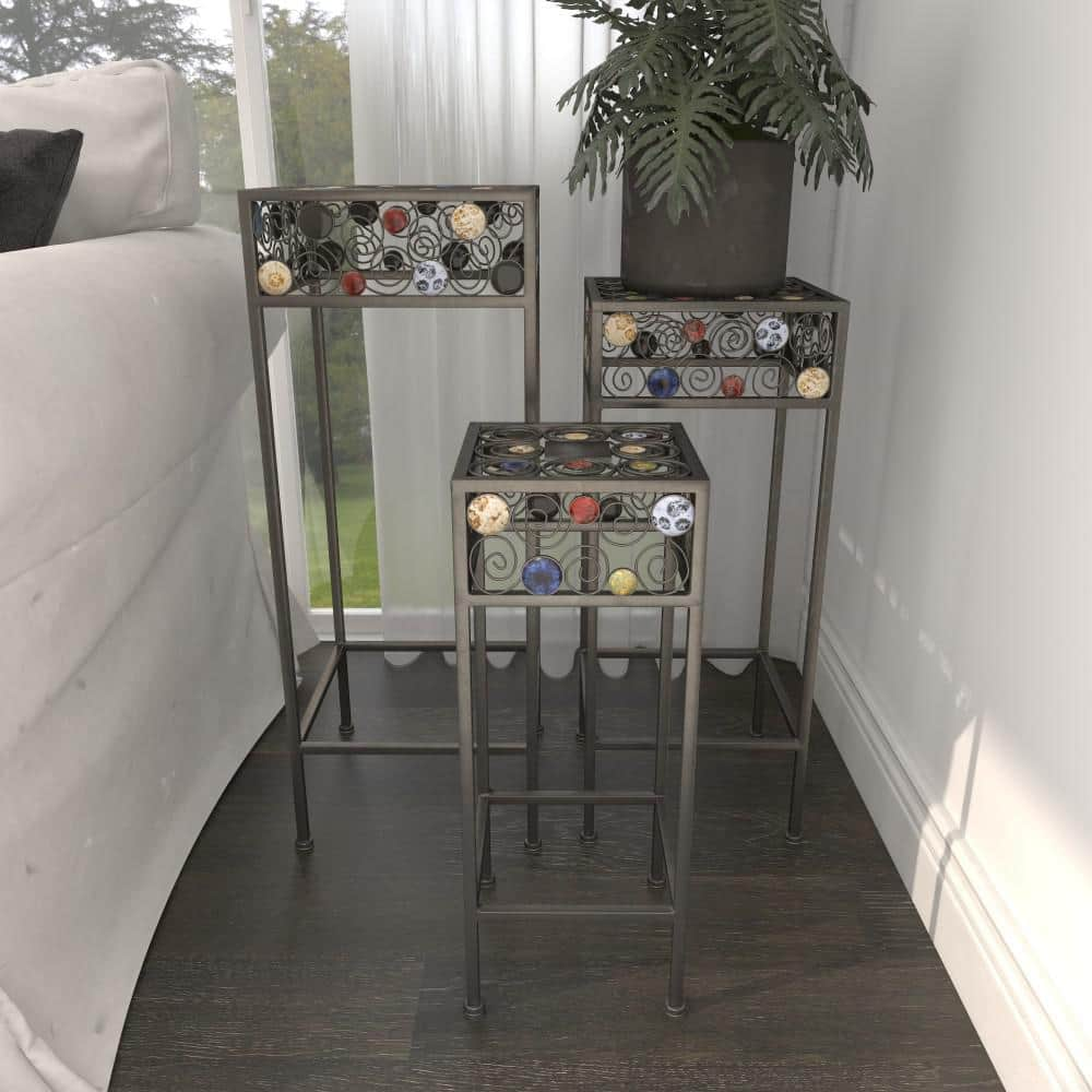 Litton Lane Large Black Metal Scroll Jeweled 3 Tier Plantstand (Set of 3) 61531