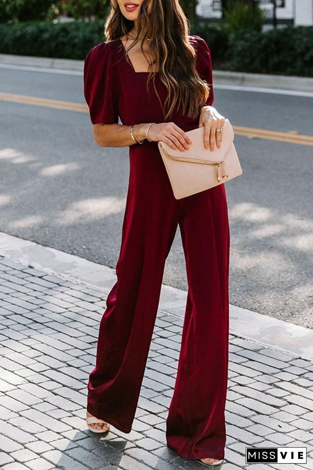 Burgundy Belted Square Neck Puff Sleeve Jumpsuit