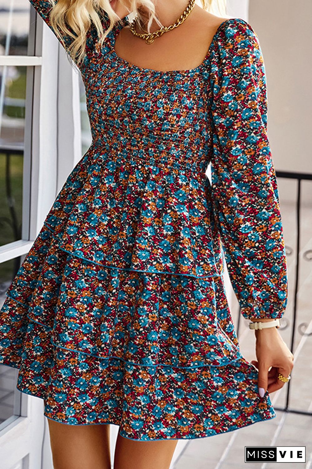 Smocked Tiered Long Sleeves Floral Dress