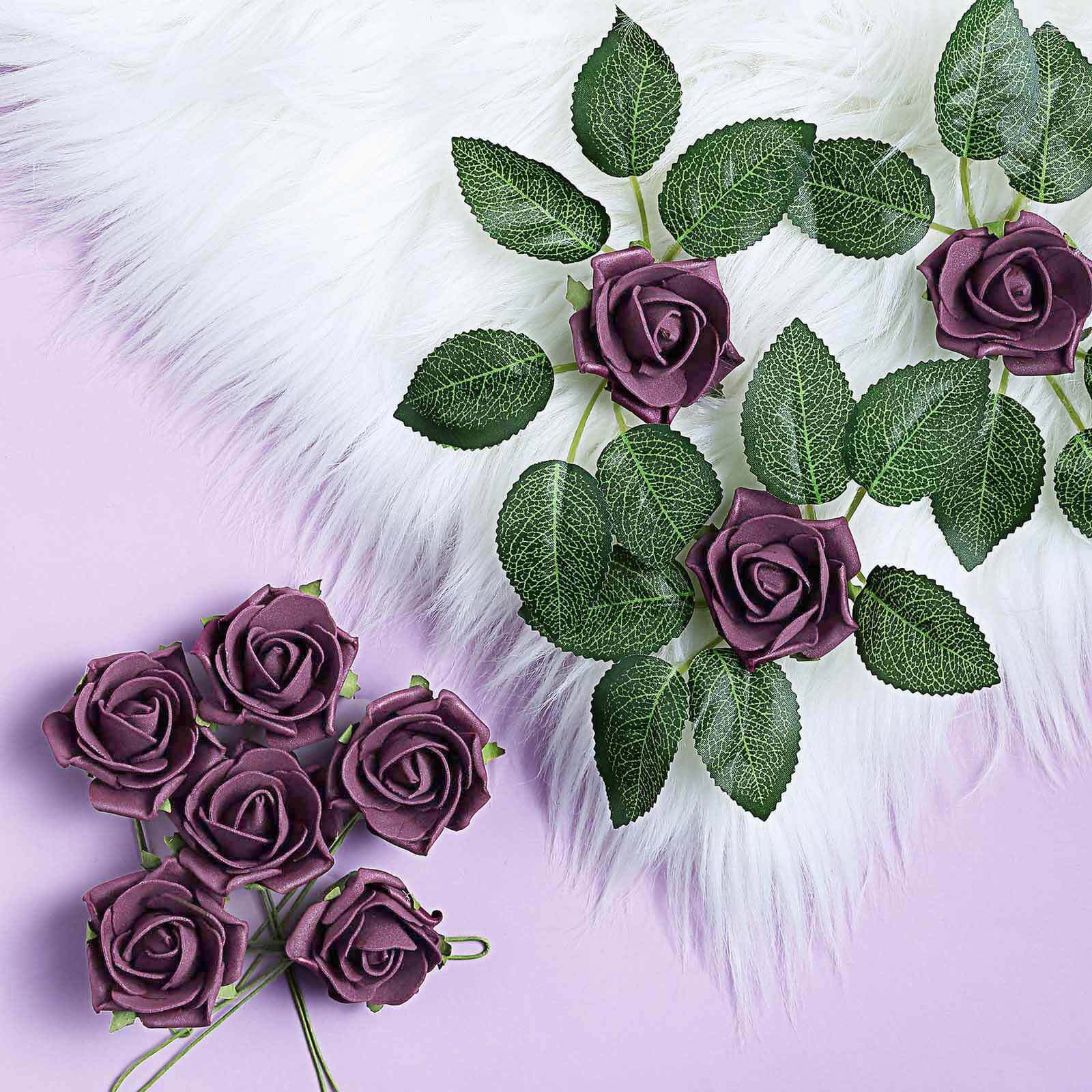 24 Roses Eggplant Artificial Foam Flowers With Stem Wire and Leaves 2