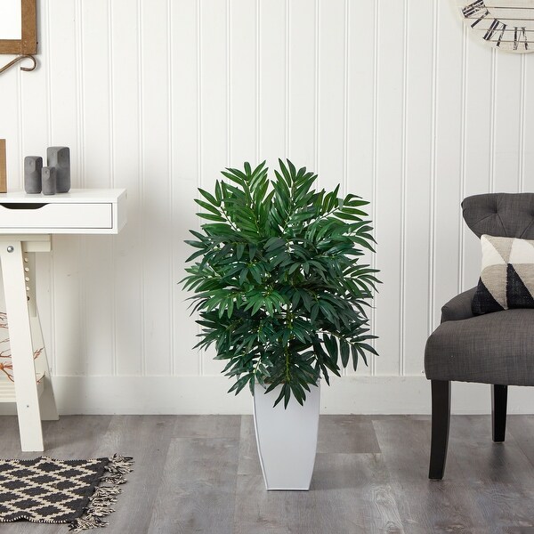 3' Bamboo Palm Artificial Plant in White Metal Planter