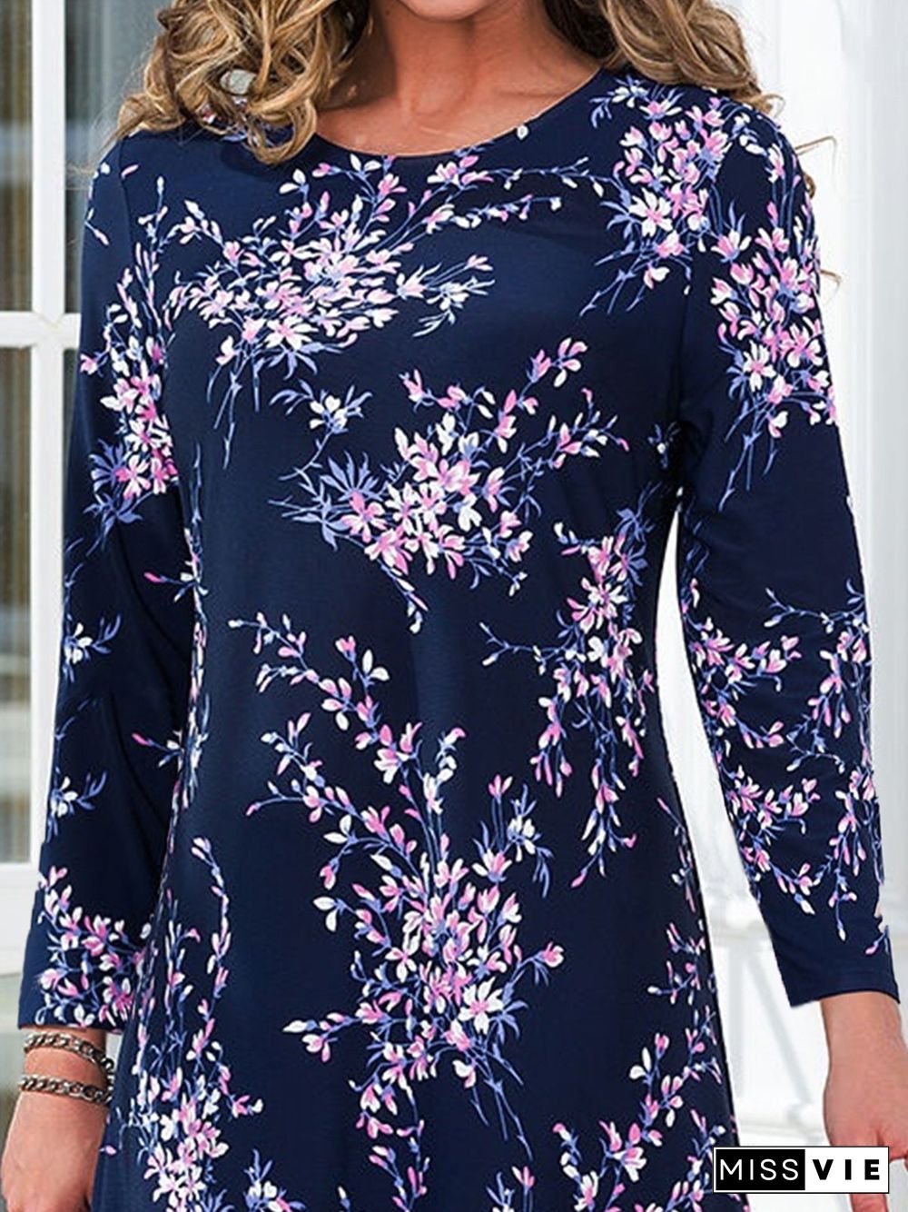 Floral Long Sleeve Crew Neck Plus Size Casual Tunic Dresses