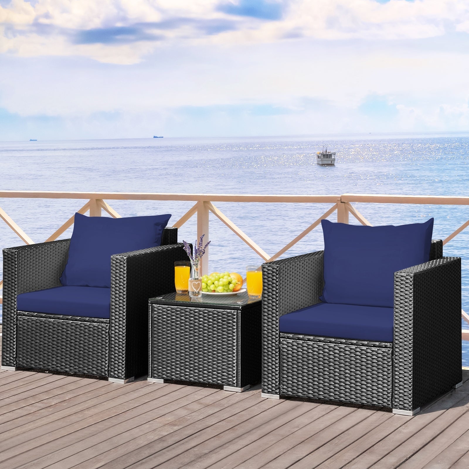 3-Pieces Metal Frame Patio Conversation Rattan Furniture Set - Overstock - 37532327