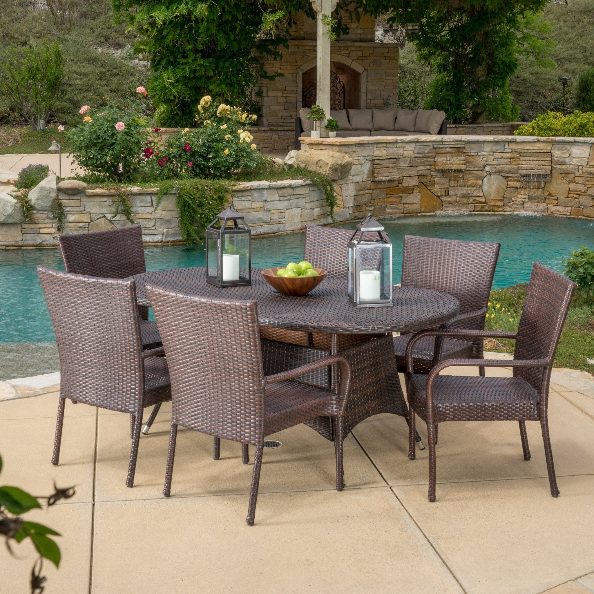 Kory Outdoor 7pc Multibrown Wicker Round Dining Set