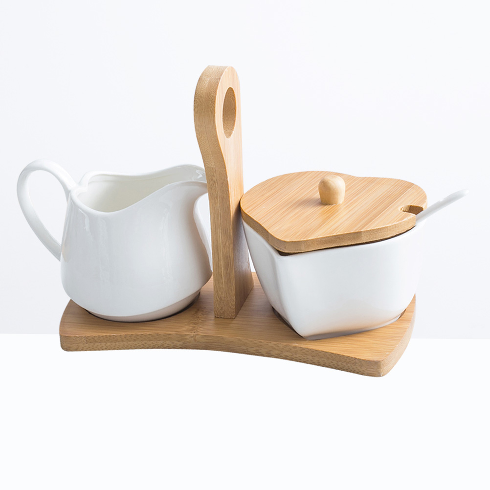 Tinksky Ceramic Sugar Bowl and Cream Pitcher Set with Bamboo Tray and Spoon for Home Hotel