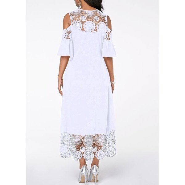 Fashion Women Elegant Crochet Lace Cold Shoulder Long Dress Party Casual Dress Plus Size