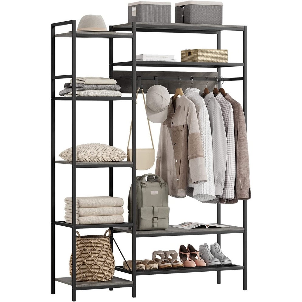 71in Industrial Freestanding Closet Organizer， Clothes Rack Hall Tree with Storage Bench