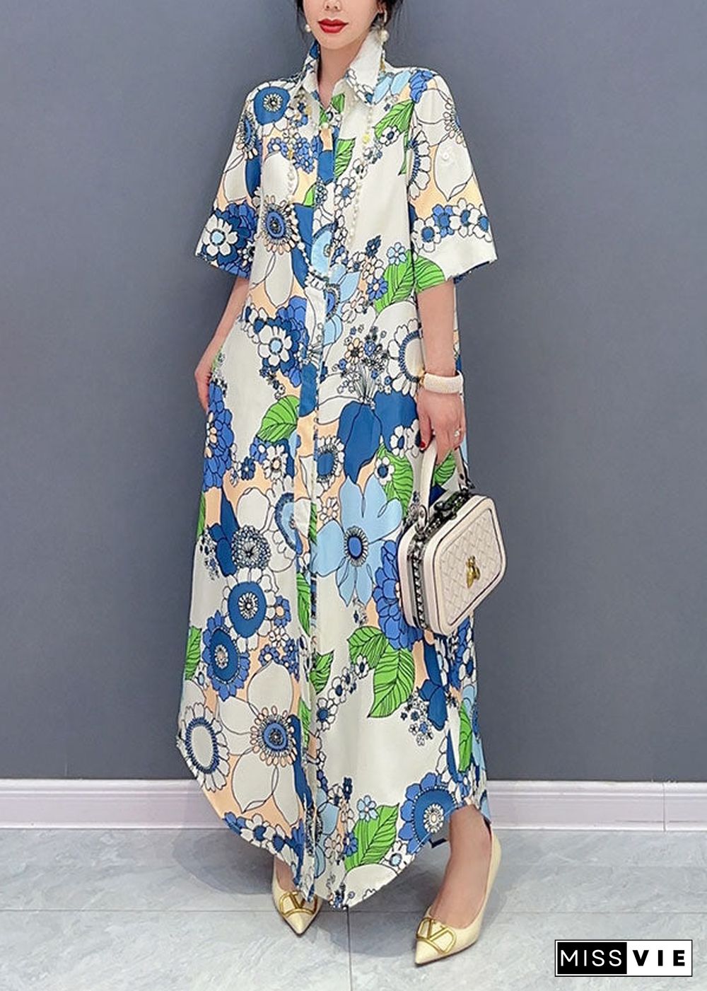 Art Blue Peter Pan Collar Print Cotton Maxi Shirts Dresses Summer