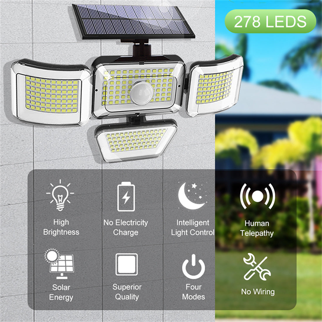 Solar Outdoor Lights Wall Lamp， 278LED 4 Heads Solar Flood Lights with Remote Control， Solar Motion Sensor Security Lights for Garage Yard， IP65 Waterproof